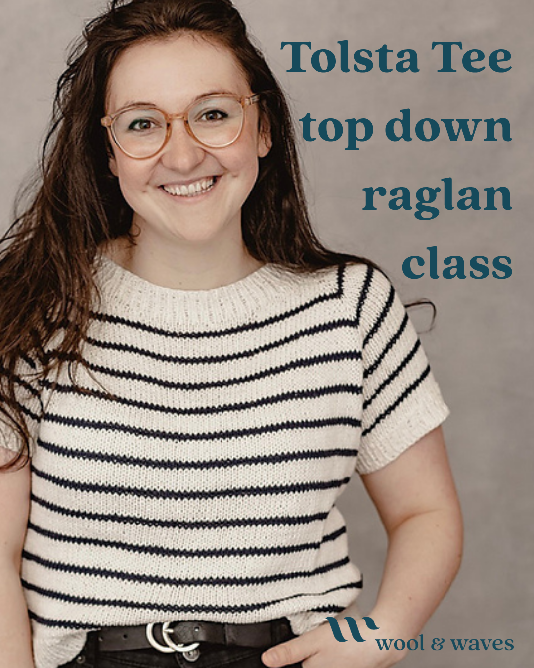 Person wearing a striped sweater with text about a knitting class.